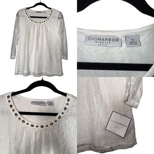 Sag Harbor White Lace 3/4 Sleeve Blouse with Stone Embellishments NWT